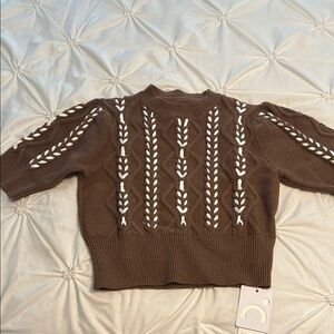 Commense Brown and White Crew Neck Sweater with Braided Details